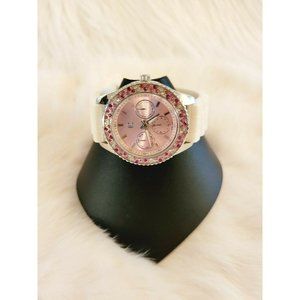 Charming Charlie Pink Rhinestone White Silicone Band Watch Japan Movement 8935